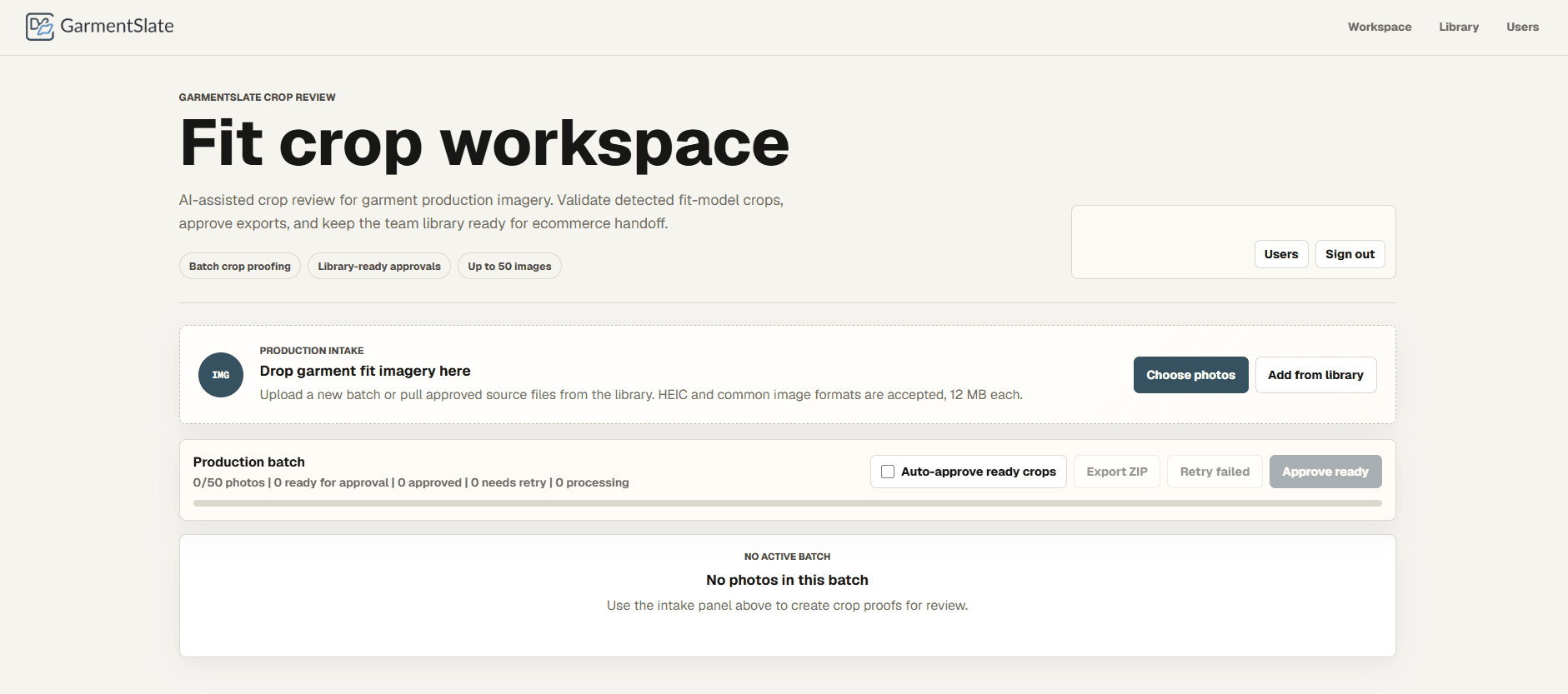 GarmentSlate upload workflow screenshot